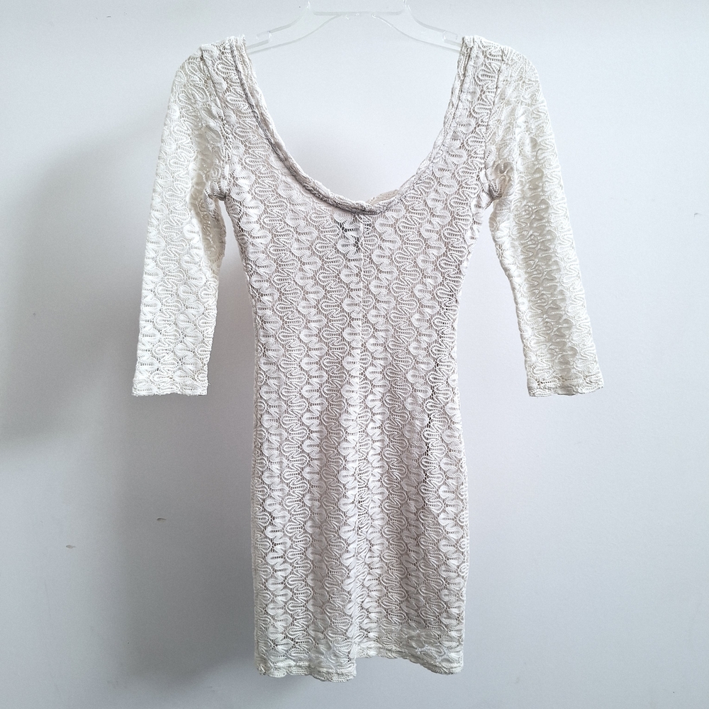 💲FINAL💲Wet Seal Ivory Lace 3/4 Sleeve Bodycon Dress Cotton Blend *XS🤍
